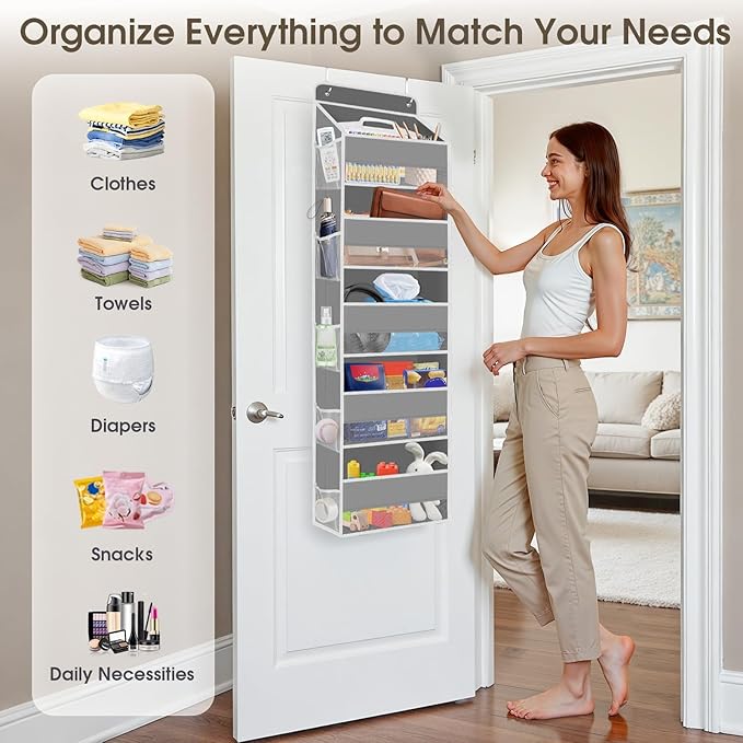SpaceHacks 2 Pack Over The Door Organizer, Hanging Storage Organizer with Clear Window, 40lb Ultra Sturdy Large Capacity Room Organizer for Pantry Laundry Bathroom Nursery Closet (Grey)