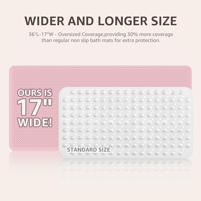 OTHWAY Bathtub Mat Non Slip, Extra Long Rubber Bath Mat for Tub, Machine Washable Shower Anti Slip Mat with 332 Strong Suction Cups (Pink, 36" x 17")