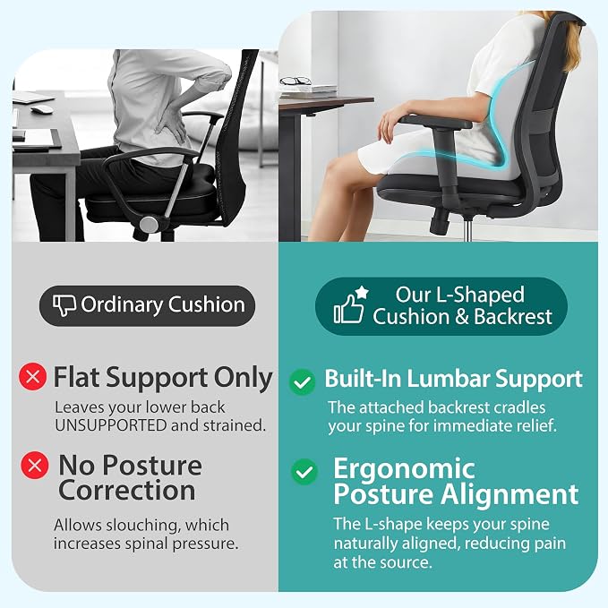 Seat Cushion for Office Chair and Car, Lumbar Support Pillow for Office Chair, Memory Foam Ergonomic Seat Cushion for Long Sitting, Back & Tailbone Pain, Sciatica - Blue & Gray