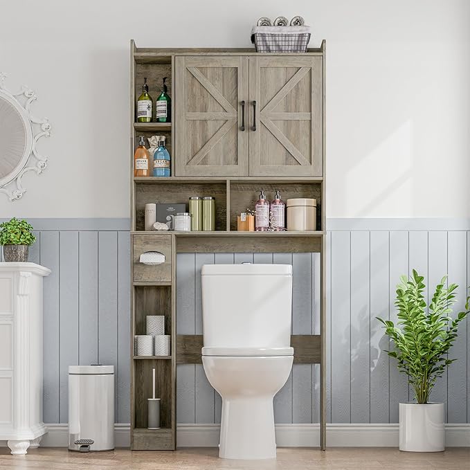 Vabches Over The Toilet Storage Cabinet, Farmhouse Storage Cabinet Over Toilet with 2 Barn Door & Toilet Paper Holder Stand, Home Space-Saving Rack, for Bathroom, Restroom (Grey).