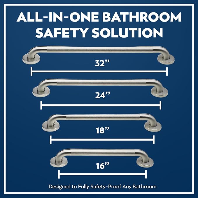 Shower Grab Bars 4 Pack – Complete Bathroom Safety Starter Bundle for Seniors – 16", 18", 24", 32" Lengths, 1.25" Diameter, 500 lb Rated All-in-One Grab Bar Shower Safety Solution – Brushed Stainless