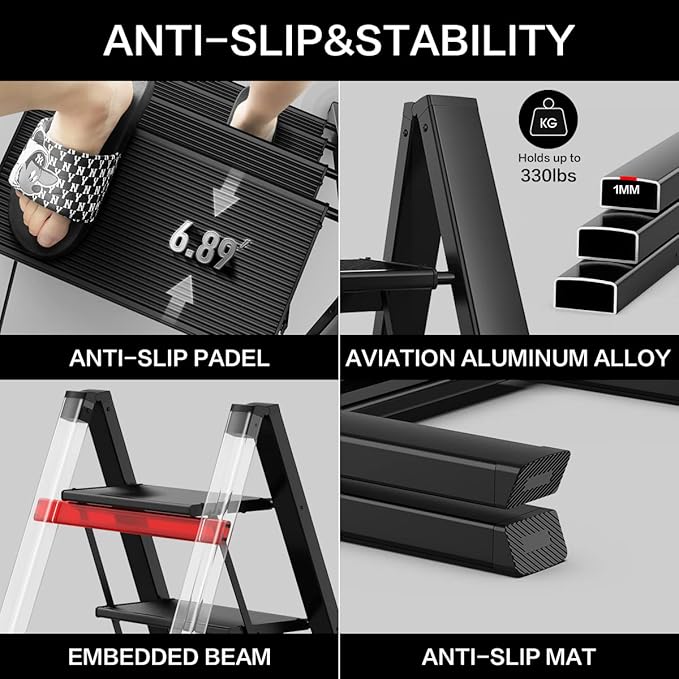 3 Step Ladder, Aluminum Folding Step Stool with Anti-Slip Sturdy and Wide Pedal, Lightweight Portable Stepladder for Home and Kitchen Use Space Saving, Black, 330 lbs