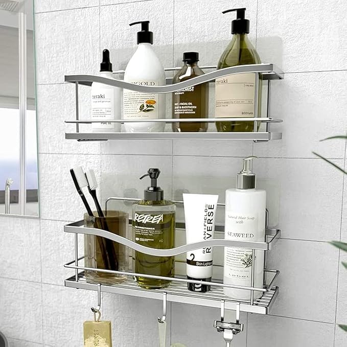 KINCMAX Premium Shower Caddy, Self Adhesive Wall Shower Organizer, 2-Pack No Drill Bathroom Shelves, Rustproof Stainless Steel Shampoo Holder, Storage Rack, Silver
