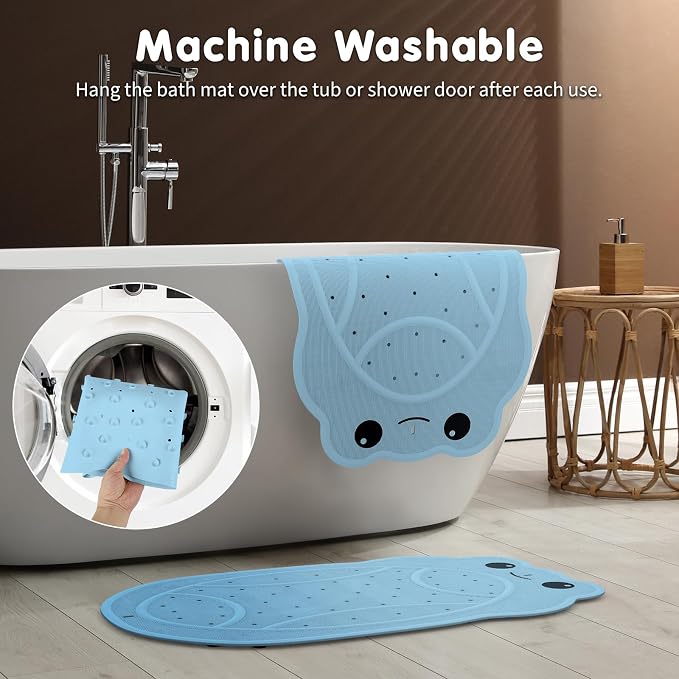 Upgraded Bathtub Mat Non Slip, Kids Bath Mat 30"x 18", Bath Mat for Tub Non Slip with Strong Suction and Textured Surface, Natural Rubber Latex Free PVC Free Safe for Baby, Frog Pattern, Blue