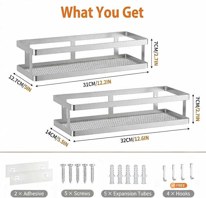 PUSDON 2-Pack Minimalist Shower Caddy Wall Mount, Open Frame Bathroom Shelf Organizer with Mesh Base, Rustproof Floating Spice Rack for Kitchen, Holds 50 LBS, 4 Hooks - Silver Gray, Guardrail