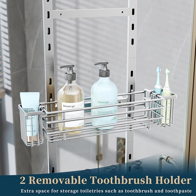 Consumest Over The Door Shower Caddy - 5 Tier Adjustable Shower Organizer Hanging with 2 Toothbrush Holders & 4 Hooks, Rustproof Organizer Shelf, Storage Rack for Bathroom, Silver