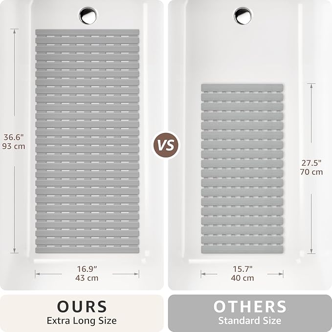 OTHWAY Non Slip Shower Mat, 36.6" x 16.9" Soft Bath Mat for Tub Non Slip, Anti Slip Shower Mat with Suction Cups, Easy to Cut Shower Floor Mat, Machine Washable Bathtub Mat, Light Grey