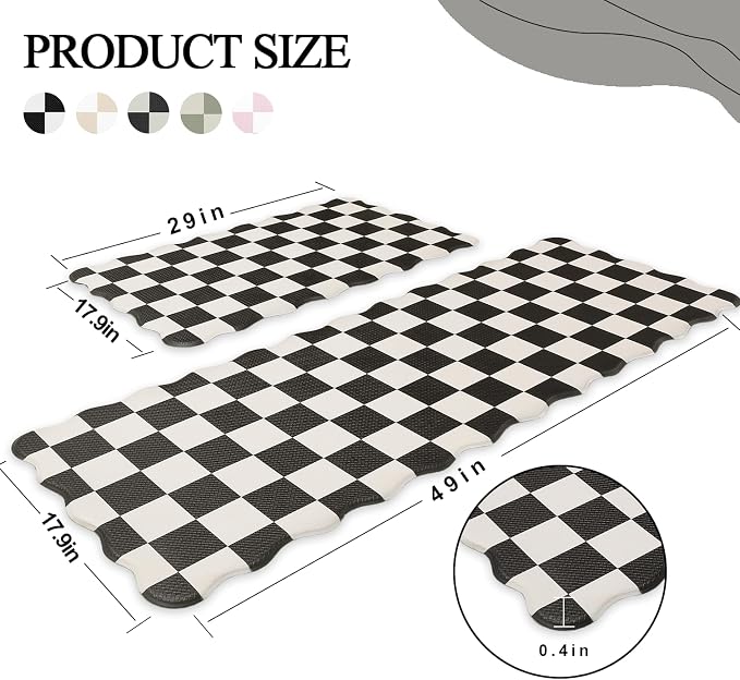 Scalloped Beige Black Checkered Grid Checkerboard Kitchen Rug Sets [2 PCs], Anti-Fatigue, Waterproof Non-Slip Kitchen Mats Heavy Duty Comfort Foam Rug for Kitchen, Floor, Laundry,17"x29"+17"x47"