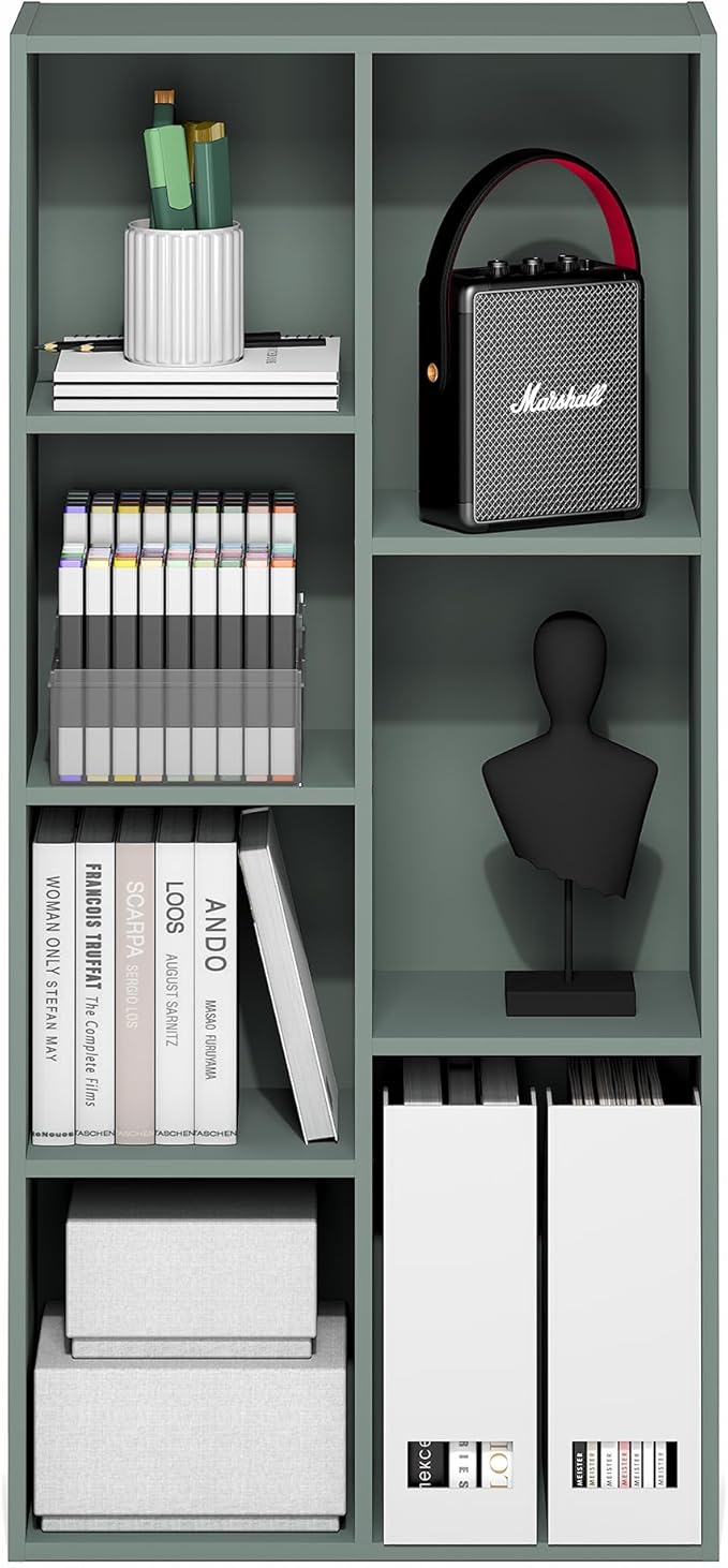 Furinno LUDER Book Shelf, 7-Cube Bookshelf, Bookcase with Open Shelves, 9.4 x 19.5 x 41.7, Easy Assembly, for Living Room, Bedroom, Home Office, Sage Green