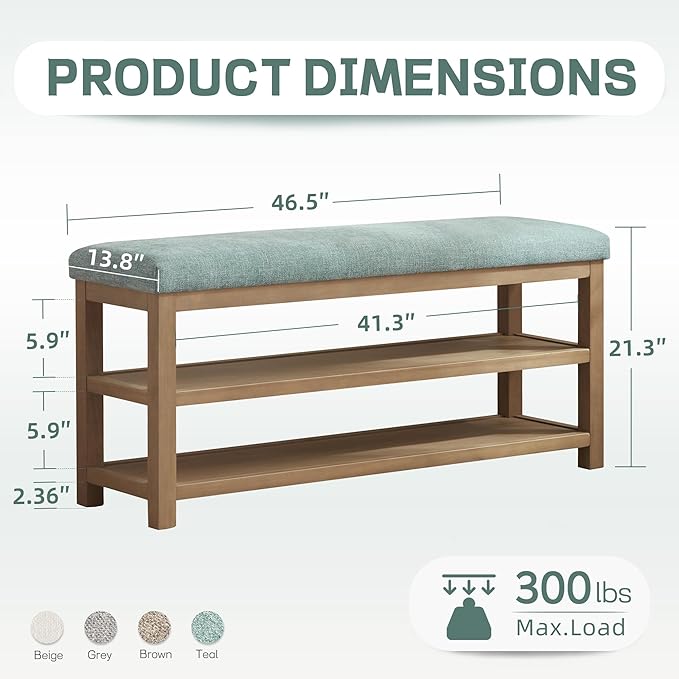 Zihanhome Shoe Rack Bench with Cushion, 2 Tier Solid Wood Storage Bench, Mid-Century Modern Shoe Bench for Entryway, Hallway, Closet, Front Door Entrance, Foyer (Teal, 46.5")