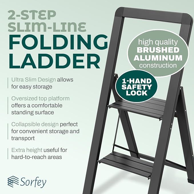 Step Ladder 2 Step Folding, Decorative - Modern Beautiful Black Aluminum,Lock Mechanism, Ultra Slim Profile, Anti Slip Steps, Sturdy-Portable for Home, Office, Kitchen, Photography Use,by SORFEY