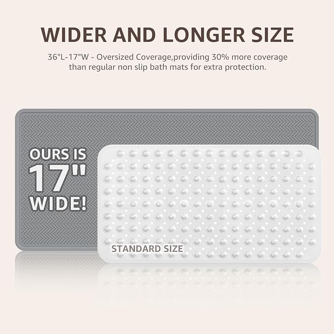 OTHWAY Bathtub Mat Non Slip, Extra Long Rubber Bath Mat for Tub, Machine Washable Shower Anti Slip Mat with 332 Strong Suction Cups (Grey, 36" x 17")