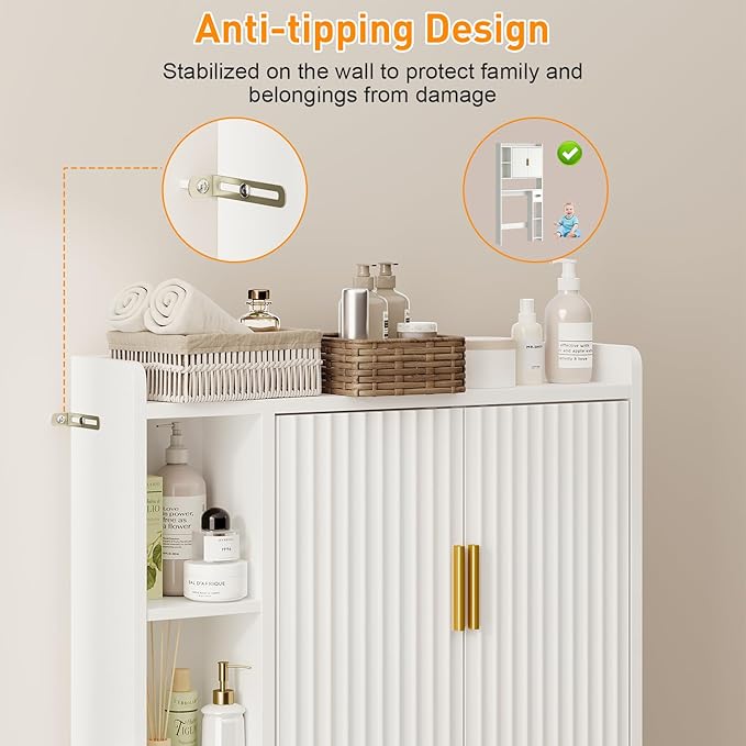 knoworld Fluted Over The Toilet Storage Cabinet, Above Toilet Bathroom Organizer with Toilet Paper Holder, Modern Behind Toilet Cabinet, Space Saver for Restroom, Bathroom, Laundry, White