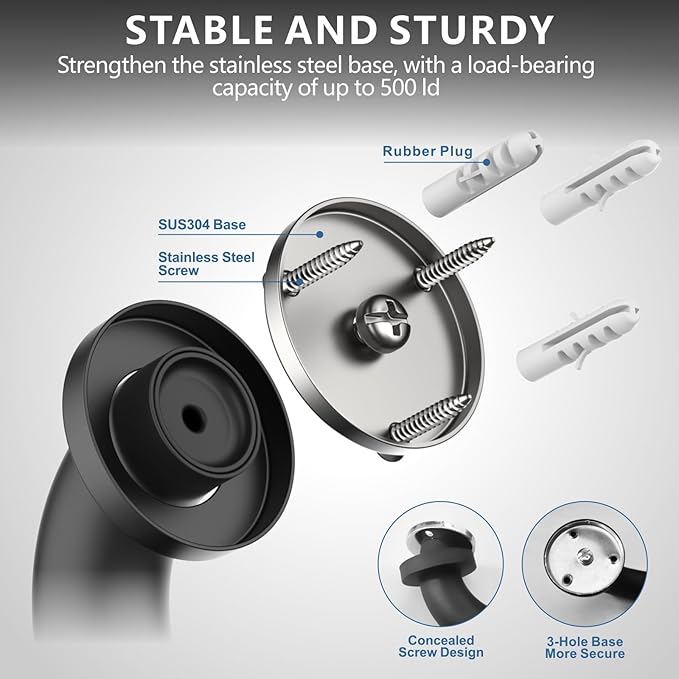 2-Pack 12-Inch Shower Grab Bars, Black | SUS304 Stainless Steel, 1.0-Inch Diameter, Safety Handles for Seniors, Elderly, Handicap