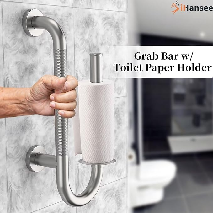 𝐔𝐩𝐠𝐫𝐚𝐝𝐞𝐝 Toilet Grab Bars 16 Inch - Toilet Paper Holder Grab Bar Stainless Steel Knurled Toilet Grab Bars for Seniors Bathtub Bathroom Rails for Elderly Safety Balance Support, Brushed Nickel