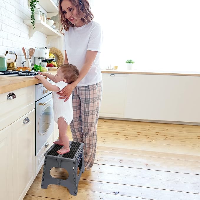 Flottian 11" Folding Step Stool for Adults and Kids Holds Up to 300 lbs,Non-Slip Folding Stools with Portable Handle, Compact Plastic Foldable Step Stool for Bathroom,Bedroom, Kitchen Gray
