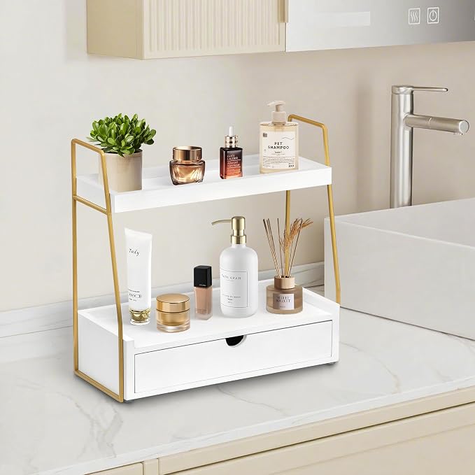 2-Tier Bathroom Organizer Countertop with Drawer, Wood Counter Organizer for Bathroom Decor, Sink Shelf for Vanity Storage, Makeup Tray for Perfume Skincare, Spice Rack Bedroom Kitchen Corner