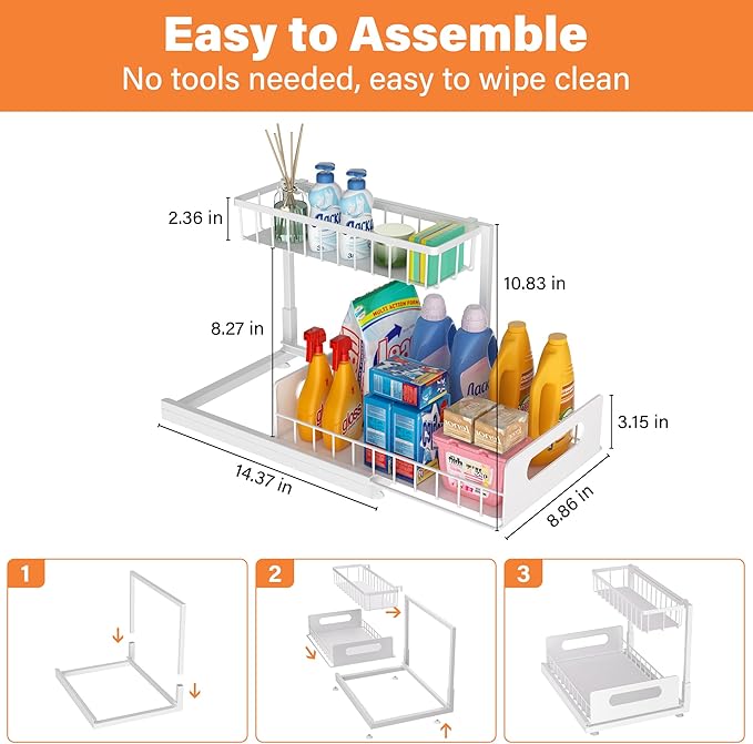Under Sink Organizer 2 Tier, Pull Out Drawer Slides Under Sink Storage for Bathroom Kitchen,Multi-Purpose Drawer Under Cabinet Organizer for Cleaning Supplies (White, 1 Pack)