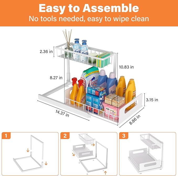Under Sink Organizer 2 Tier, Pull Out Drawer Slides Under Sink Storage for Bathroom Kitchen,Multi-Purpose Drawer Under Cabinet Organizer for Cleaning Supplies (White, 2 Pack)