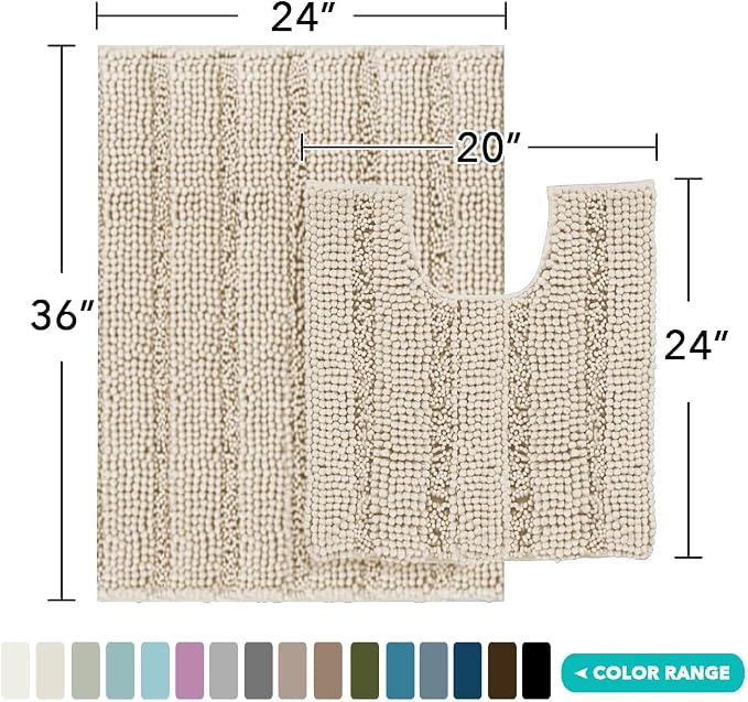Turquoize Bathroom Rugs Set Non-Slip Bath Mats for Bathroom Super Absorbent Shaggy Rugs for Tub Shower Toilet Soft Plush Bath Rug Plus U Contour Rug (Oversized: 24" x 36" and 20" x 24" U), Fog