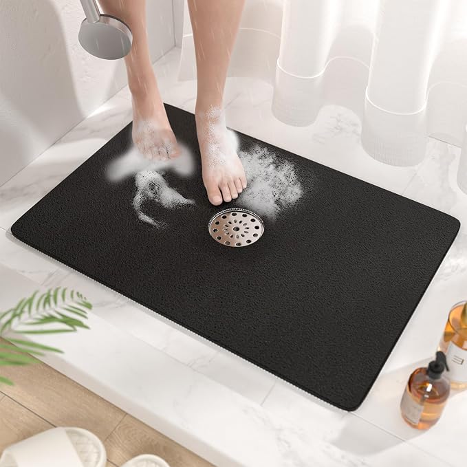 HITSLAM Shower Mat with Center Drain Hole, 24 x 16 Inch Non Slip Bath Mat for Textured Tub, Soft Loofah-Style Bathtub Mat Without Suction Cup, Quick Drying Stall Floor Mat, Bathroom Accessories, Black