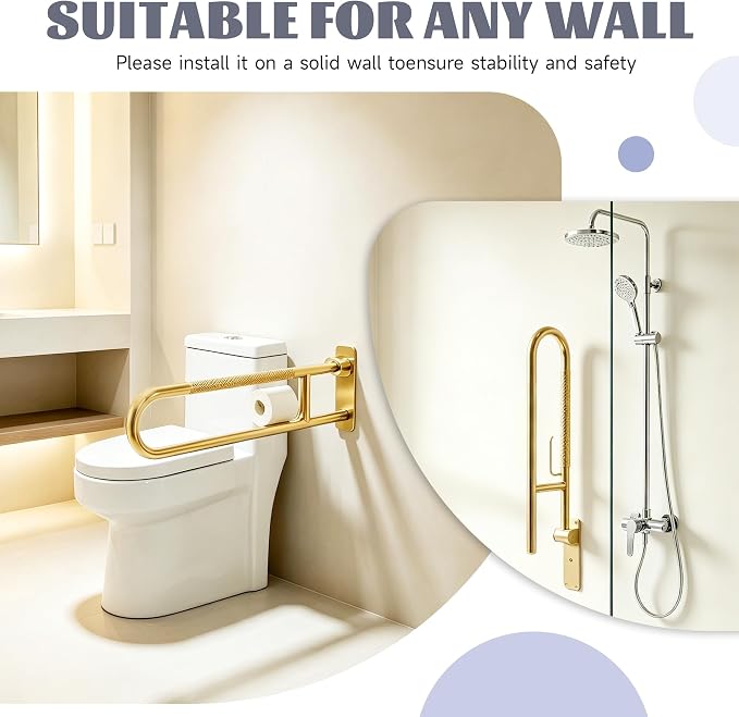 30.3 Inch Toilet Grab Bar, HUAS Gold Anti Slip Bathroom Toilet Safety Rails, U Shaped Flip-Up Handicap Grab Bars w/Paper Holder, Stainless Steel Support Handrail for Elderly Disabled Senior