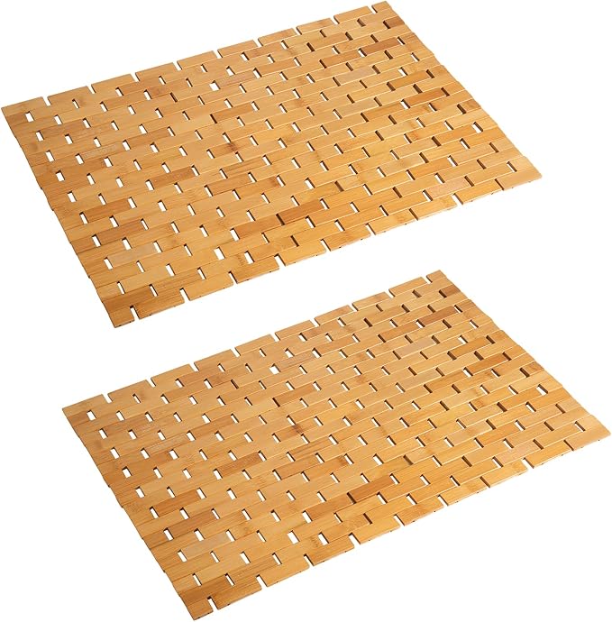 Bambo Bath Mat Bathroom Rugs Floor Wood Shower Bathtub Waterproof Non Slip Natural Accessories 16x24 Inch Easy to Clean, 2 pcs