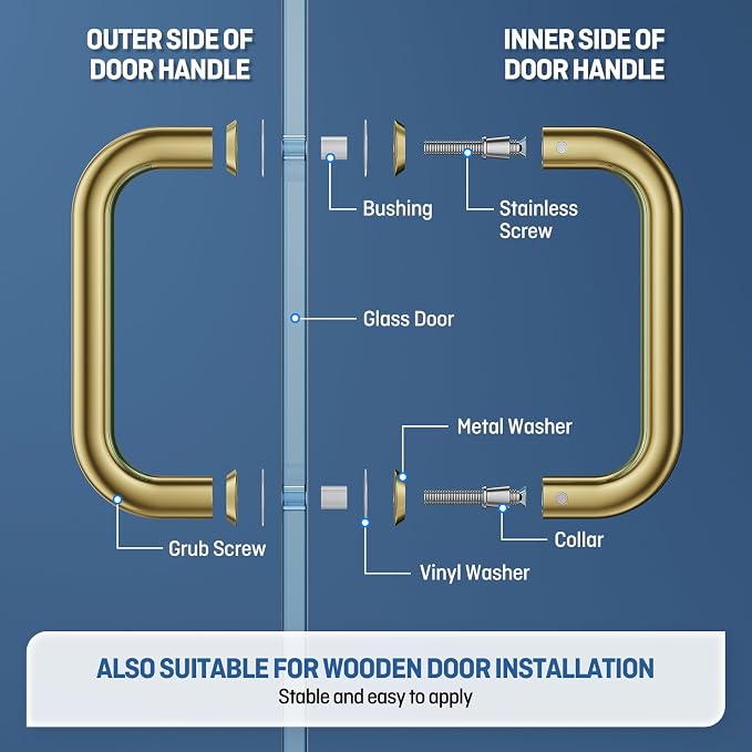 Ranbo Polished Gold 6" （CTC） Tubular Back-to-Back Shower Door Handle，Heavy-Duty 1.0mm Thick 304 Stainless Steel, for 1/4"- 1/2" Thick Glass and 1-3/8" - 2-1/6" Thick Wooden or Metal Doors