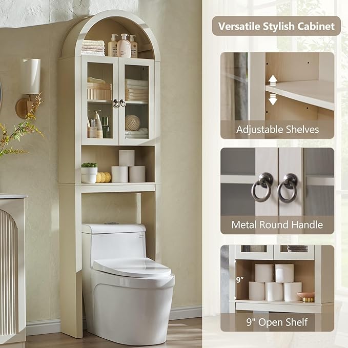 IFGET Arched Over The Toilet Storage Cabinet with Acrylic Doors, Modern Over Toilet Bathroom Organizer Shelf, Small Wooden Bathroom Storage Cabinet with Adjustable Shelf, Space Saver, Cream