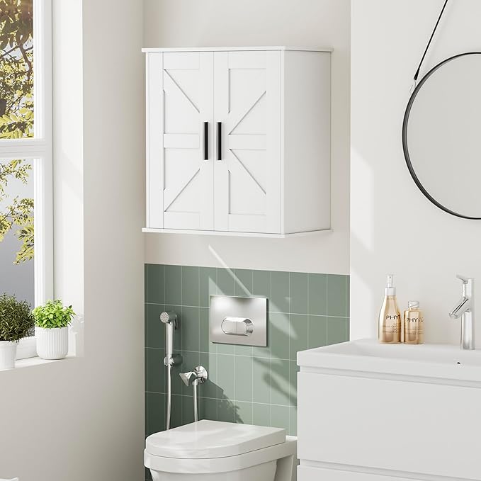 Homleke Bathroom Wall Cabinet, Over Toilet Storage Cabinet with Barn Doors and Adjustable Shelves, 3-Tier Medicine Cabinet Wall Mounted, for Bathroom, Kitchen, Entryway, Laundry Room, White, (11.8" D)