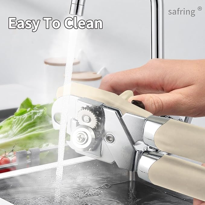 Safring Can Opener Manual, Handheld Strong Heavy Duty Stainless Steel Can Opener, Comfortable Handle, Sharp Blade Smooth Edge, Can Openers with Multifunctional Bottle Opener, Beige