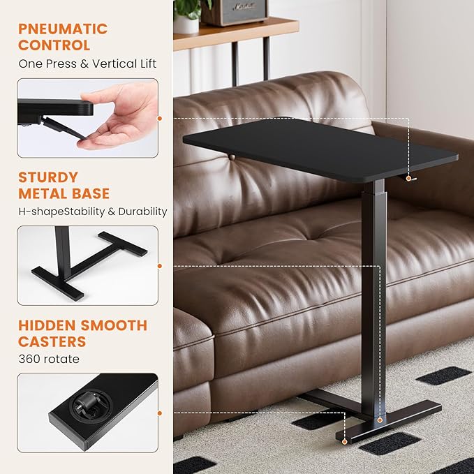 Sweetcrispy Overbed Bedside Table with Wheels Adjustable Hospital Home Use Rolling Laptop Mobile Standing Space Saving Durable Frame Side Storage Shelf Easy Assembly, Black