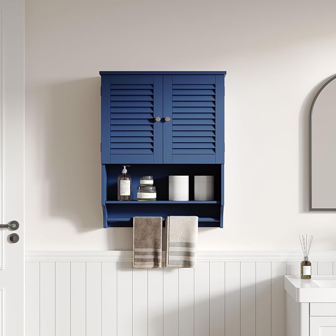 ChooChoo Bathroom Wall Cabinet with Towels Bar, 23.6" L x7.9 W x27.5 H MDF Material Medicine Cabinet, 2 Doors Over The Toilet Space Saver Storage Cabinet with Large Space, Navy Blue