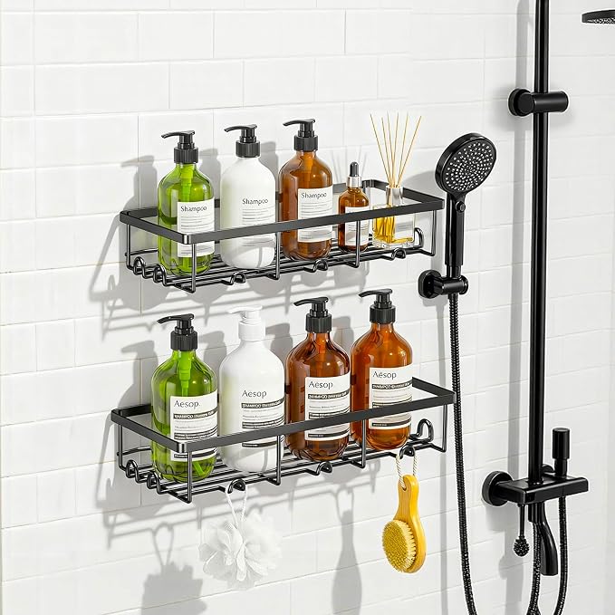 Shower Shelves for Inside Shower, 2 Pack Adhesive Bathroom Caddy Organizer Basket Rack for Storage and Organization, Wall Suction Bath Bathtub Shampoo Holder Set for RV Camper, Black