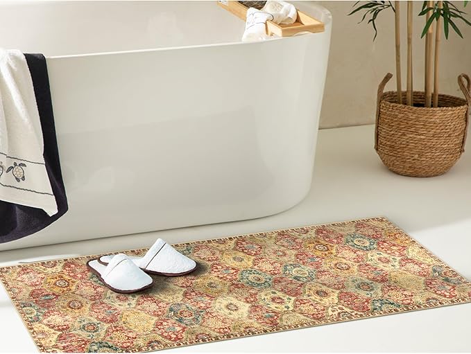 Lahome Moroccan Trellis Washable Runner Rug, 2x6 Kitchen Runners for Hallways 6 Feet Non Slip, Vintage Laundry Room Rug Ultra-Thin Carpet for Bathroom Bedroom Entryway Elise, Red/Orange