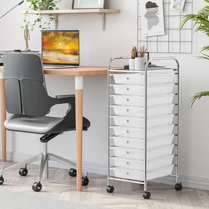 10-Drawer Rolling Storage Cart, Trolley w/Lockable 360° Wheels, 10 Removable PP Drawers, Sturdy Metal Frame, Rolling Utility Cart Perfect for Home, Office, Classroom (Clear)
