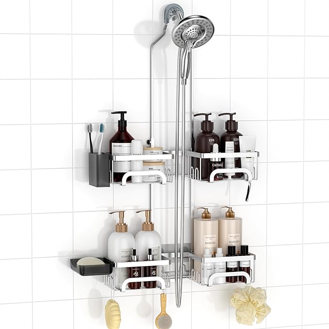 REINHARDT Adjustable Shower Caddy Hanging Split Shower Caddy for Handheld Showerheads, Rustproof Shower Organizer with Hooks for Razor Over the Head Caddy with Soap Holder Bathroom Accessories, Silver