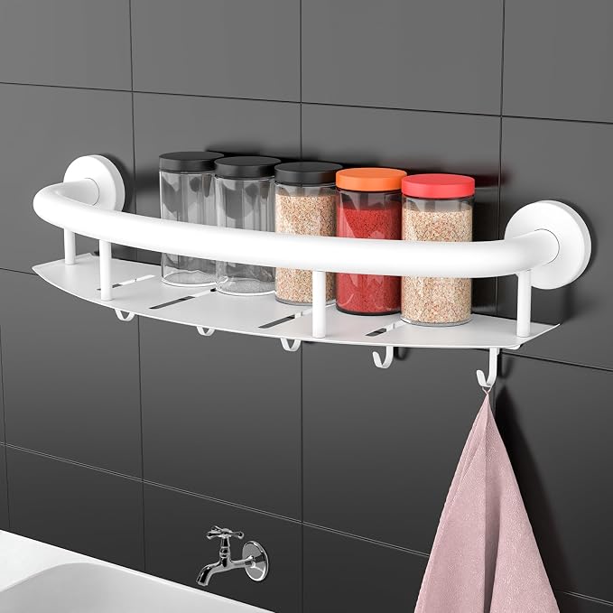 White 18-inch Safety Grab Bar with Storage Shelf for Bathtub or Shower, Drainage Holes, Stainless Steel, Wall Mounted Grab Bars for Elderly Injured Balance Support