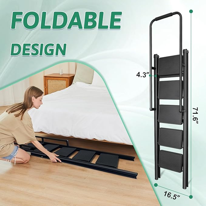 5-Step Folding Ladder with Handrails, Heavy Duty Ladders for Home & Kitchen, Folding Ladder Easy to Store, Tall Ladder for Adults, Anti-Slip & Space-Saving Step Ladder, 330 Lbs Capacity
