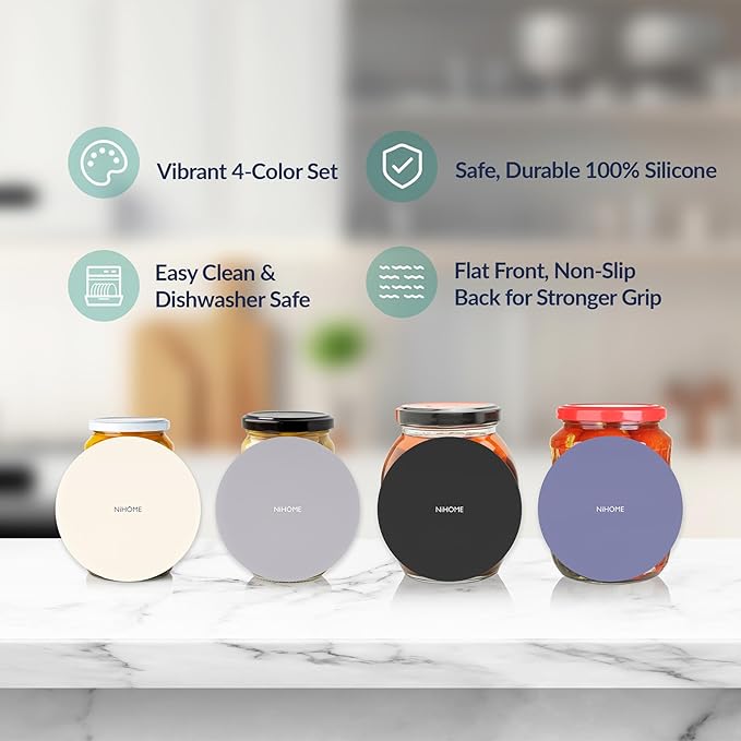 NIHOME Silicone Jar Opener – 6 Inch Large Anti-Slip Grip Pads, Premium 100% Food-Grade Silicone, Stylish Designer Colors, Multi-Purpose Heat-Resistant Mat & Coaster, Set of 4