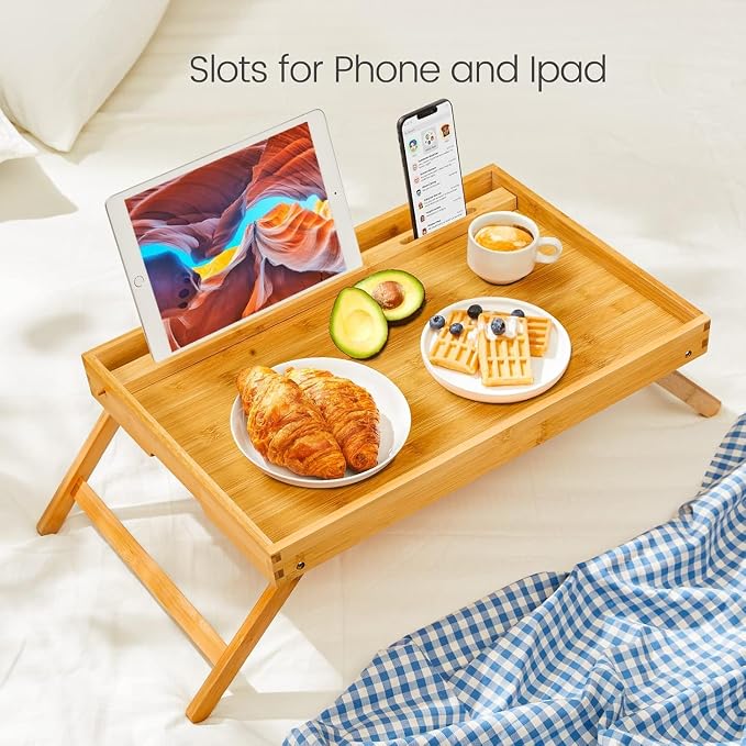 Bamboo Bed Tray Table, Large Breakfast Tray with Folding Legs, Multipurpose Serving Tray Use As Portable Laptop Snack Table, for Working, Eating, Reading by Pipishell