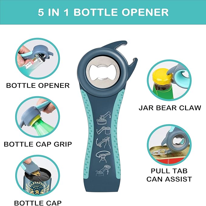 Jar Opener for Weak Hands, Seniors with Arthritis, 5 in 1 Multi Function Bottle Opener Lid Opener For Arthritic Hands with Non Slip Rubber Jar opener Gripper Pad(blue)