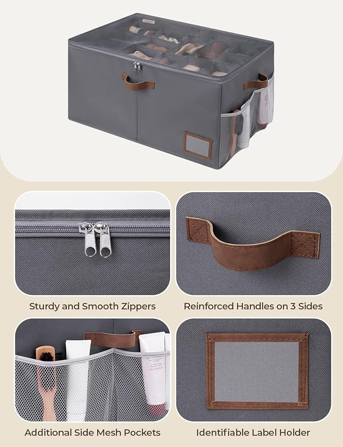 StorageWorks Shoe Organizer for Closet, Shoe Storage Containers for Entryway, Fabric Shoe Storage Organizer for Slippers and Flats, Shoe Storage Bins with Side Mesh Pocket, Fits up to 20 Pairs, Grey