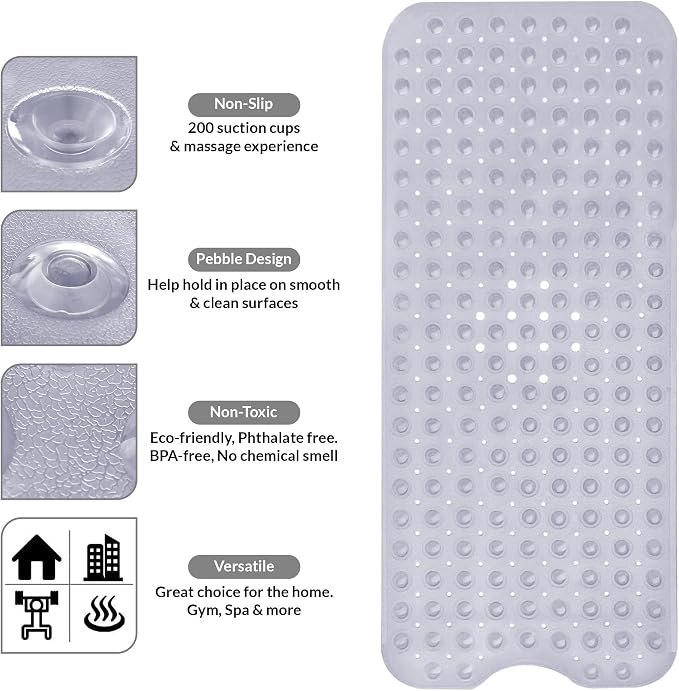 LUX Décor Non-Slip Bathtub Mat, Extra Large 40x16 Inches – Anti-Slip Safety Shower Mat with Suction Cups & Drain Holes – Machine Washable Bath Mat – Clear