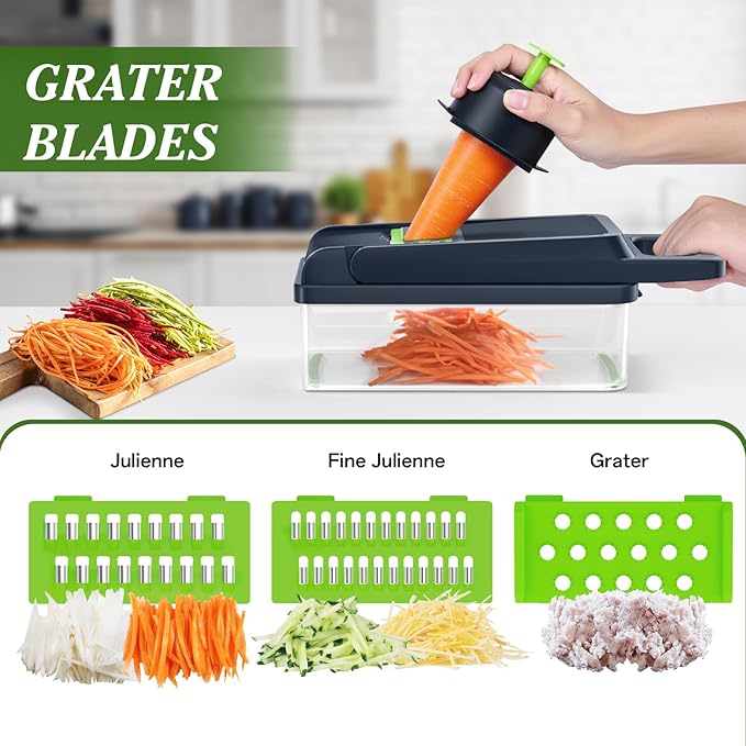 HomeHacks Vegetable Chopper Vegetable Cutter, 15 in 1 Kitchen Gadget, Dicer, Slicer, Onion Cutter, Salad, Cheese Grater & Egg Separator - Multi-Functional Veggie Chopper Lid with Handle (Green)