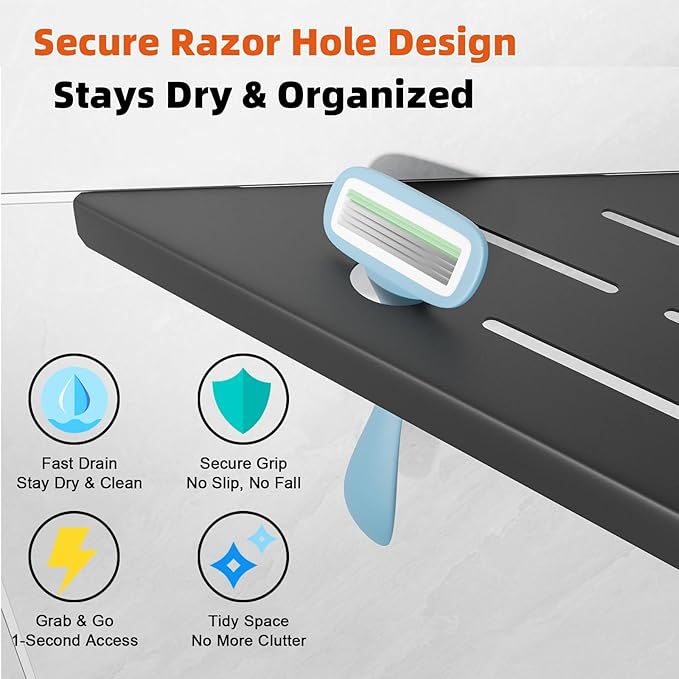 Corner Shower Shelves with Razor Hole, Modern Sturdy Shower Shelves Corner, 10" 304 Stainless Steel Shower Organizers Corner Shelf for Tile Wall, No Drilling Grout Mount Bathroom Shelf
