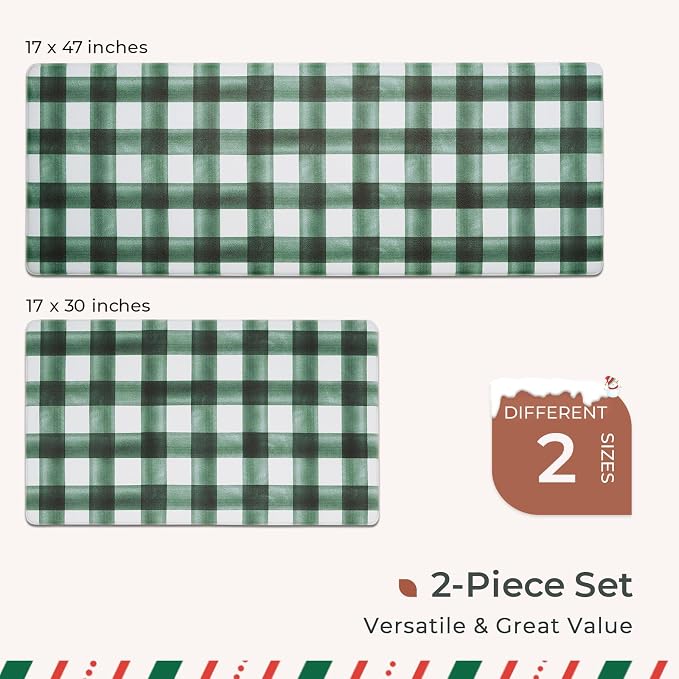 FRESHMINT Modern Farmhouse Plaid 2 Piece Set Kitchen Mats for Floor Anti Fatigue Waterproof & Non-Skid Kitchen Rugs Cushioned Kitchen Mat for Standing Washable Comfort Desk Kitchen Runners