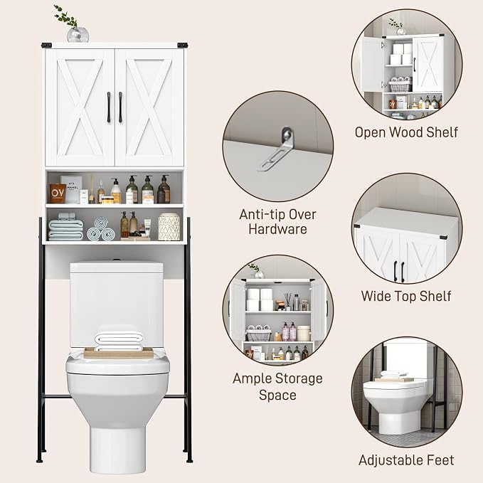 Vabches Over The Toilet Storage Cabinet, Farmhouse Over Toilet Storage Cabinet, Metal Frame with 2 Barn Doors, Home Space-Saving Toilet Rack for Bathroom, Toilet, Laundry Room.