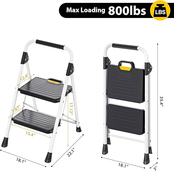 TOOLF 2 Step Ladder, Sturdy Steel Step Stool with Anti-Slip Wide Pedals, Handrail, Safe-Lock Design, Folding Portable Ladder for Multi-Purpose, Home, Kitchen, Pass 800lbs Load Testing, White