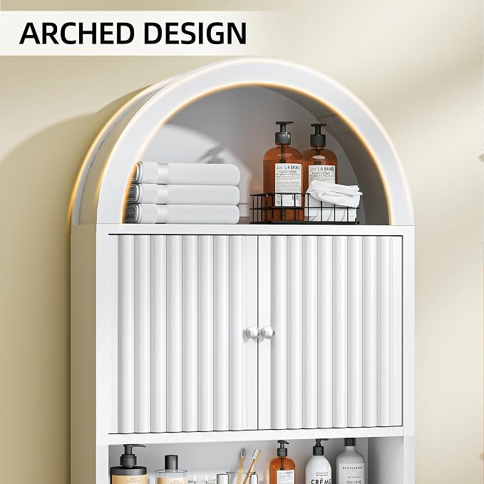 Spurgehom Over The Toilet Storage Cabinet, Bathroom Shelf Organizer Freestanding, Bathroom Arch Cabinet Over Toilet with Fluted Door and Anti-Tipping Device, White